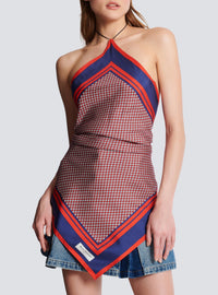Top foulard à dos-nu en soie - Rouge & Bleu & Blanc