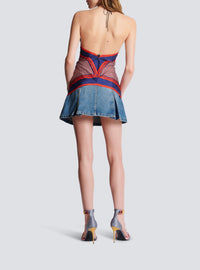 Top foulard à dos-nu en soie - Rouge & Bleu & Blanc