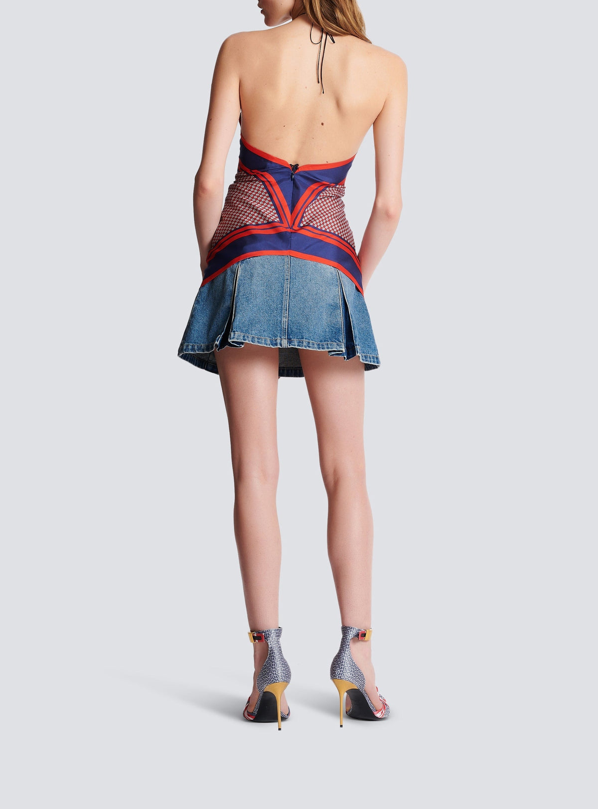 Top foulard à dos-nu en soie - Rouge & Bleu & Blanc