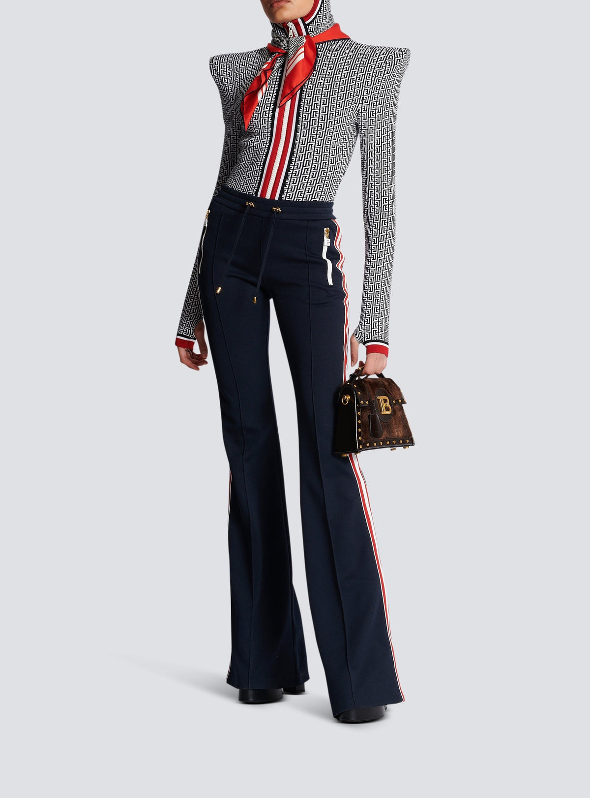 Monogram knit hooded bodysuit - Black & White & Red