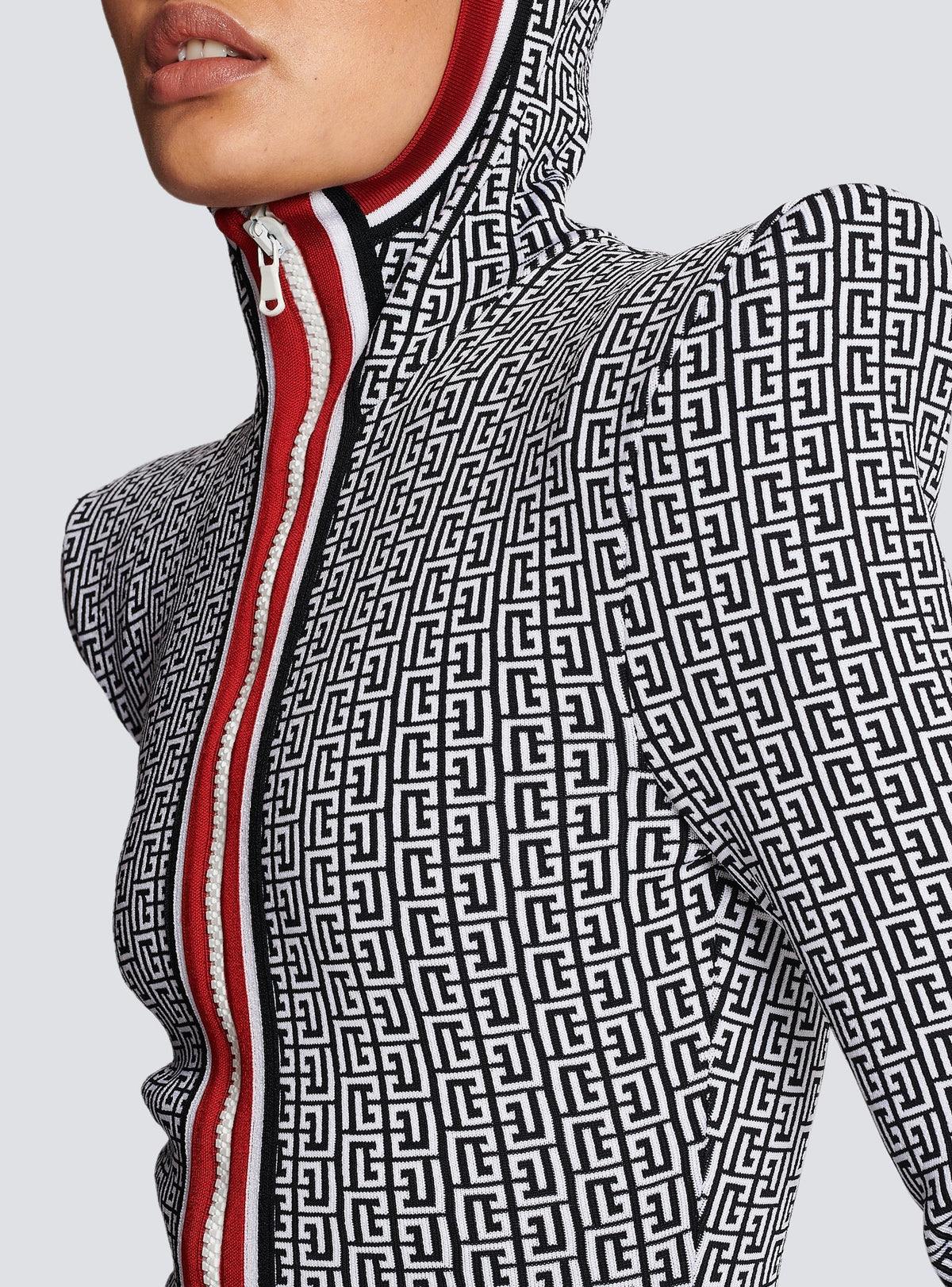 Monogram knit hooded bodysuit - Black & White & Red