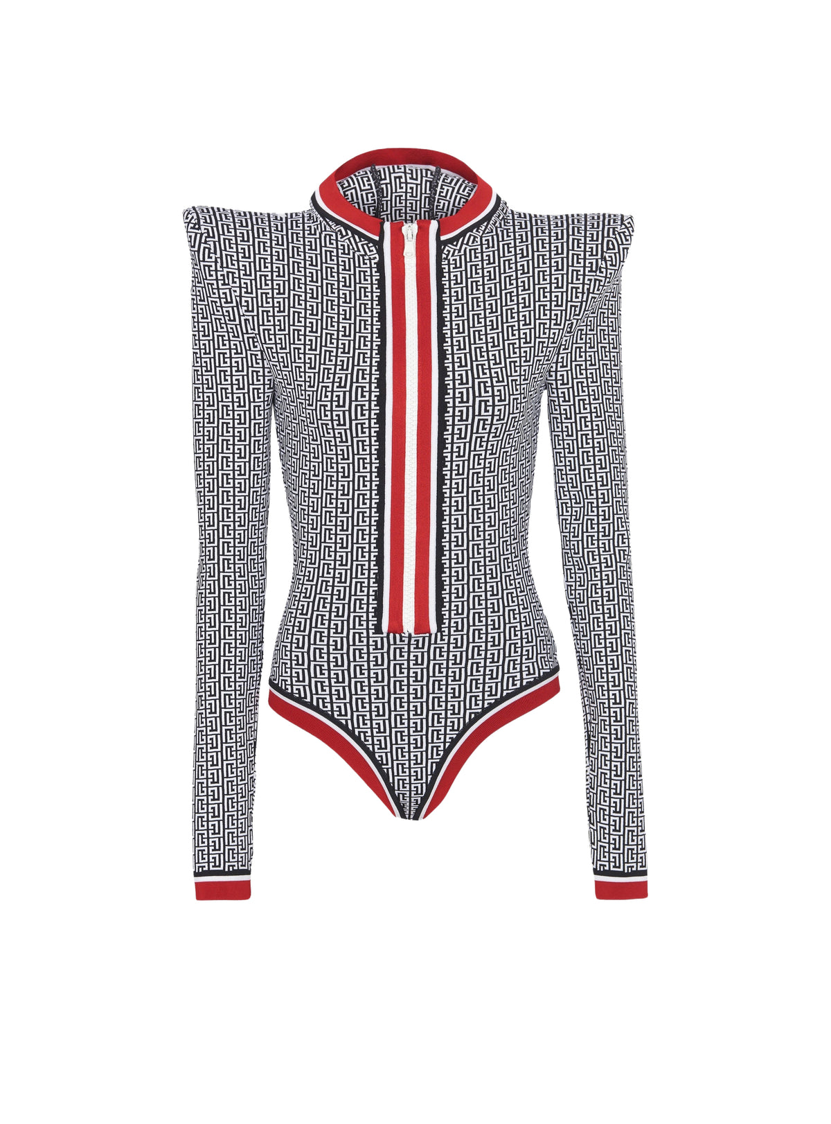 Monogram knit hooded bodysuit - Black & White & Red