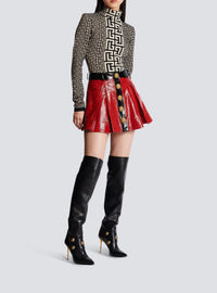 Pleated short leather skirt - Red & Black