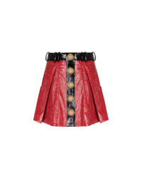 Pleated short leather skirt - Red & Black