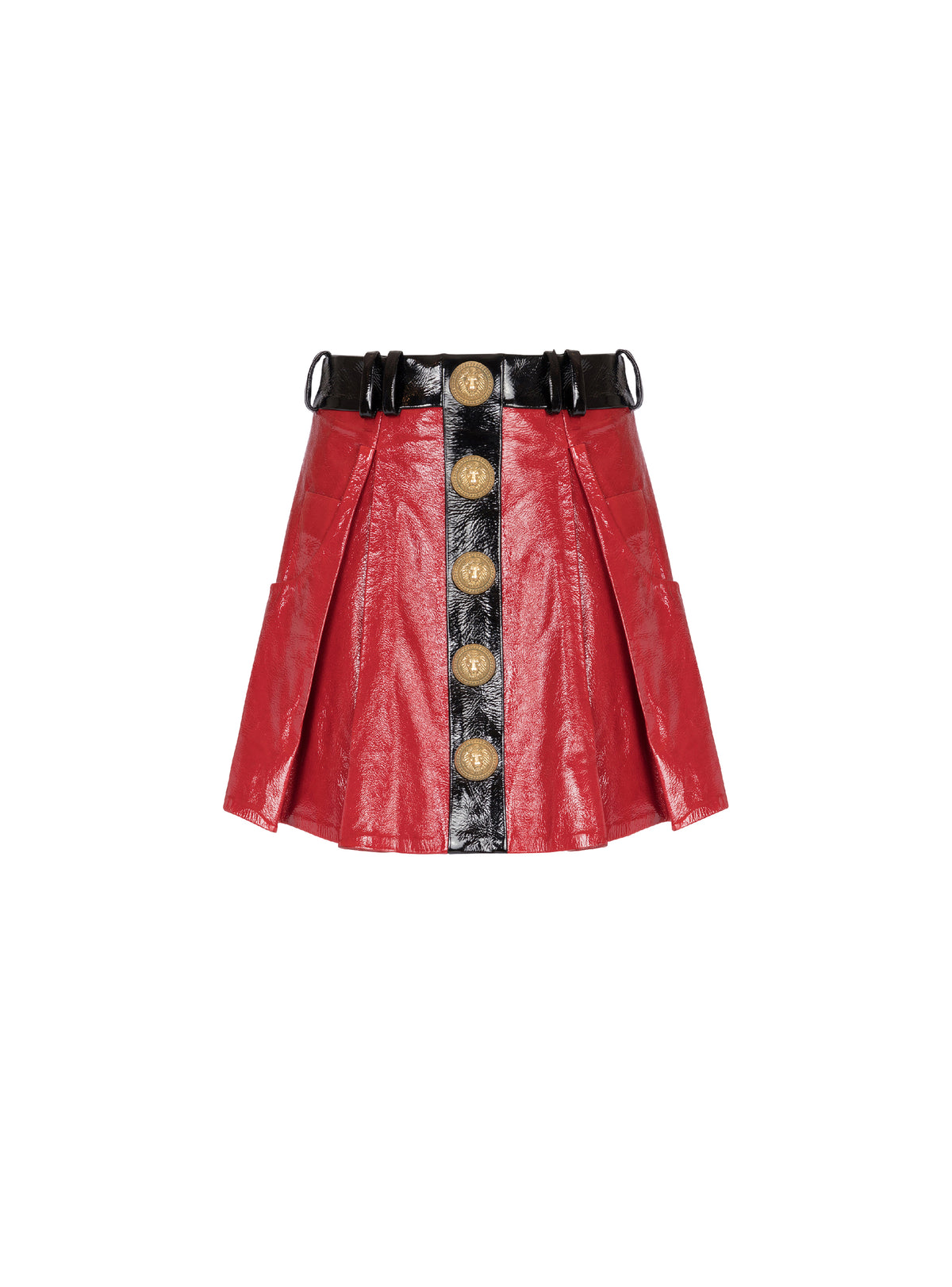 Pleated short leather skirt - Red & Black