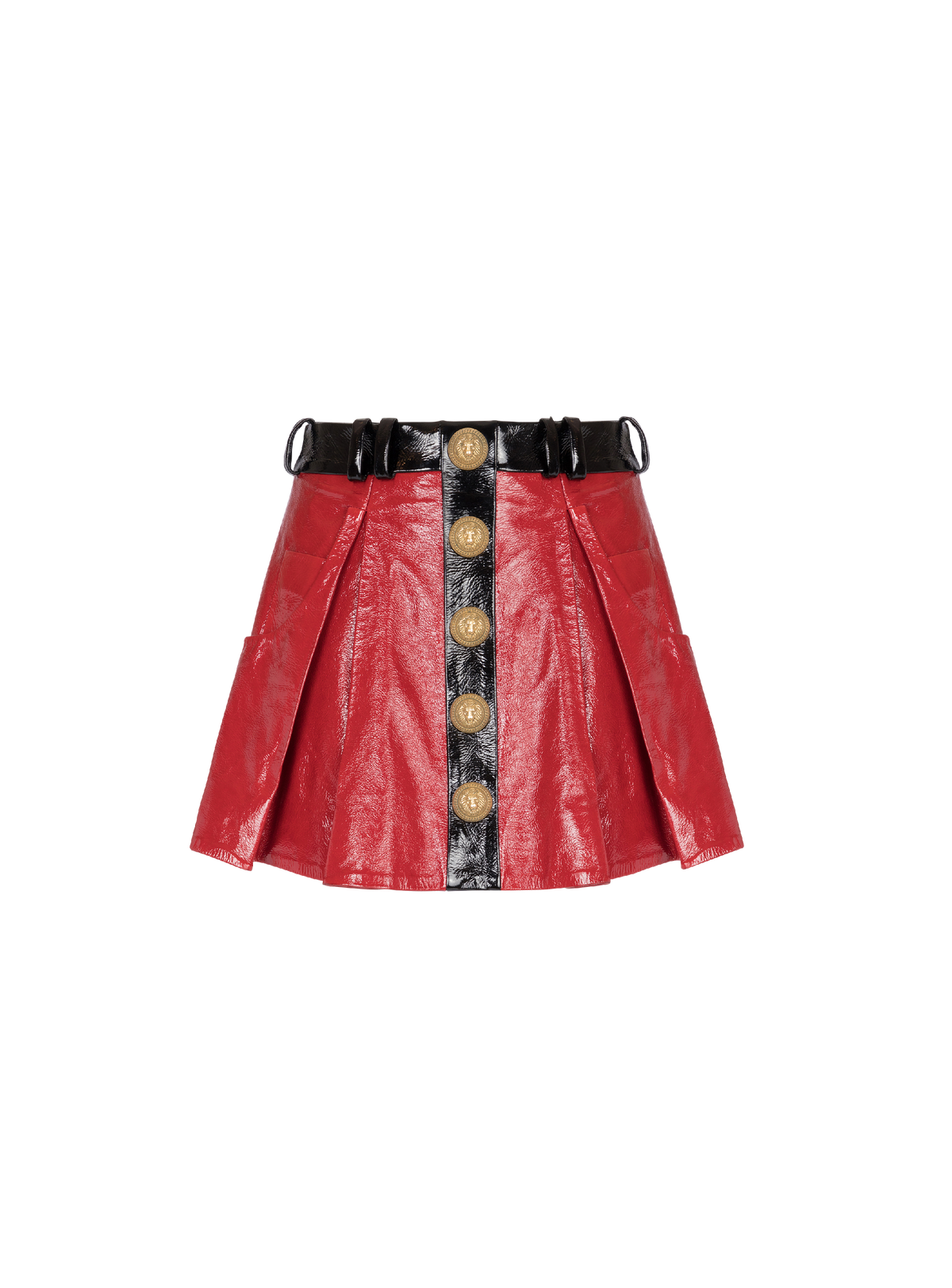 Jupe plissée en cuir vernis - Rouge & Noir
