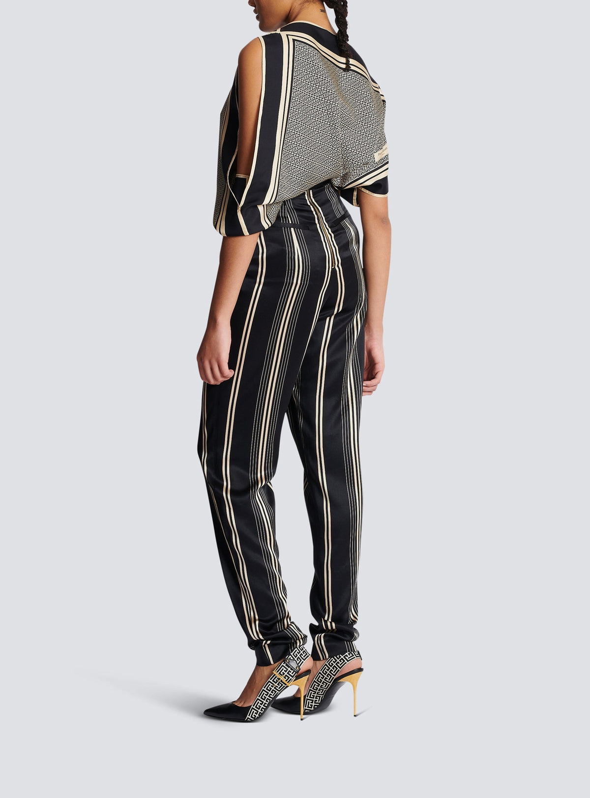 Pantalon drappé asymétrique en soie - Noir & Ivoire