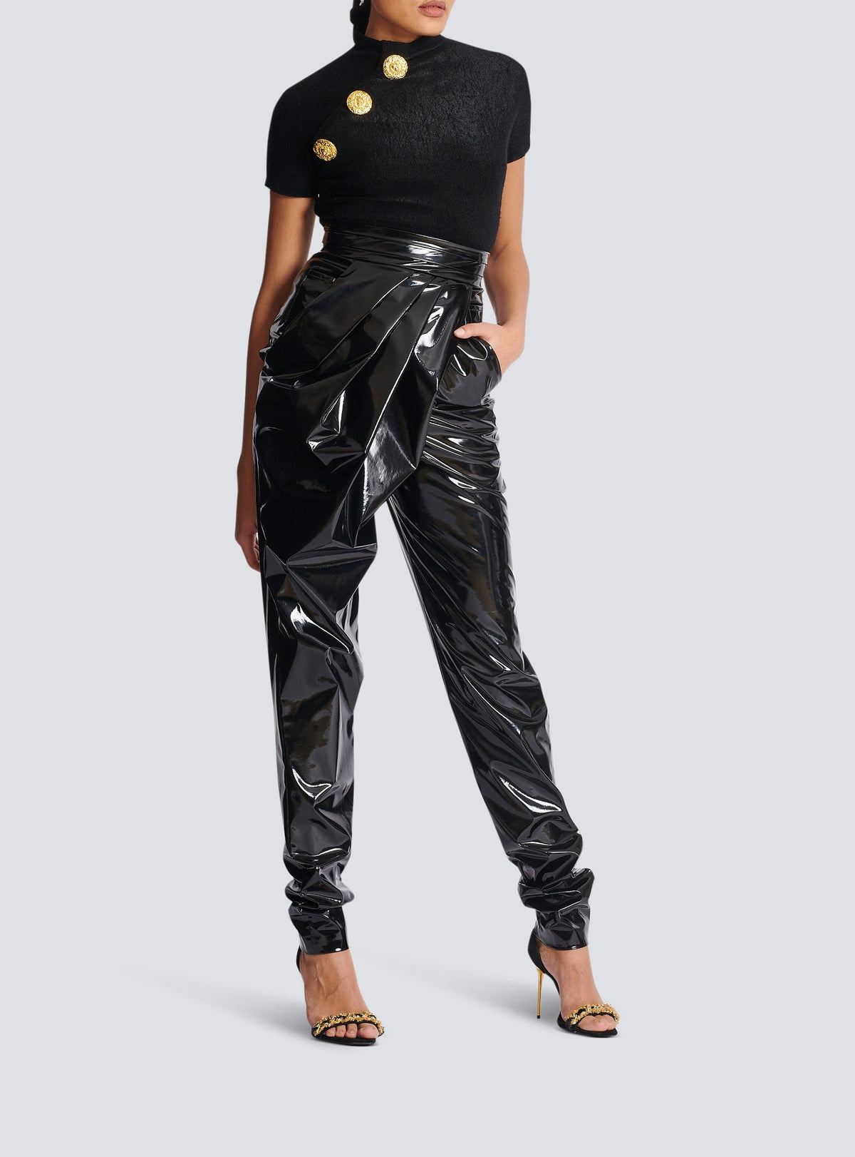 Asymmetric draped vinyl trousers - Black