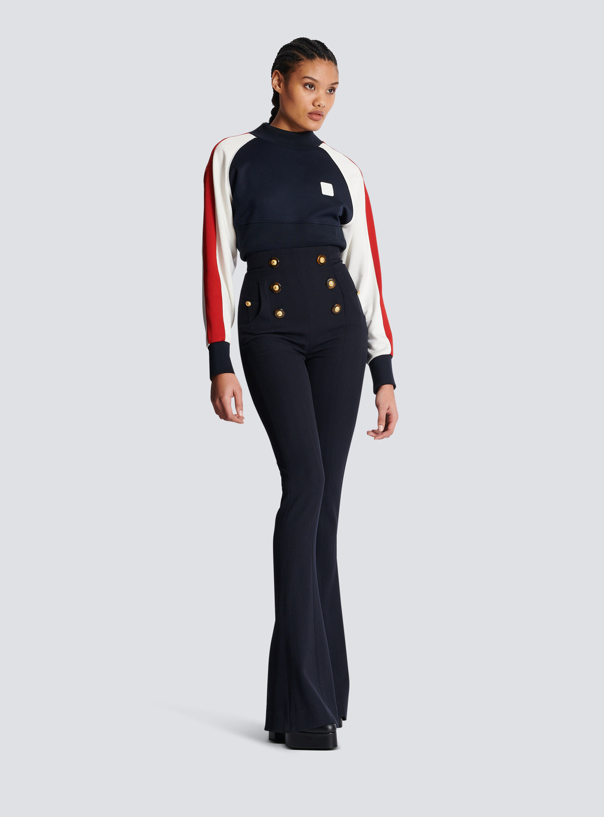 Pantalon taille haute en tweed à chevrons - Bleu Marine Foncé