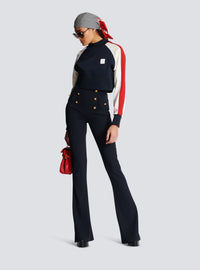 Pantalon taille haute en tweed à chevrons - Bleu Marine Foncé