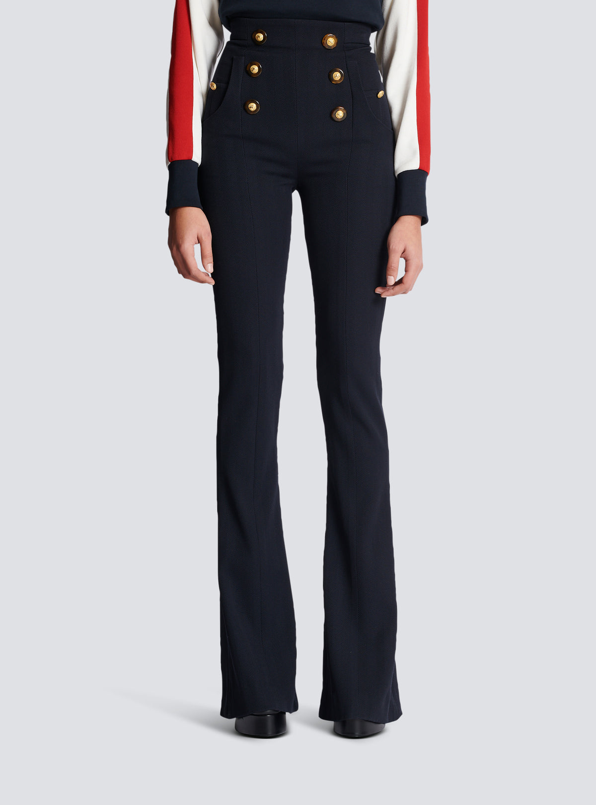 Pantalon taille haute en tweed à chevrons - Bleu Marine Foncé