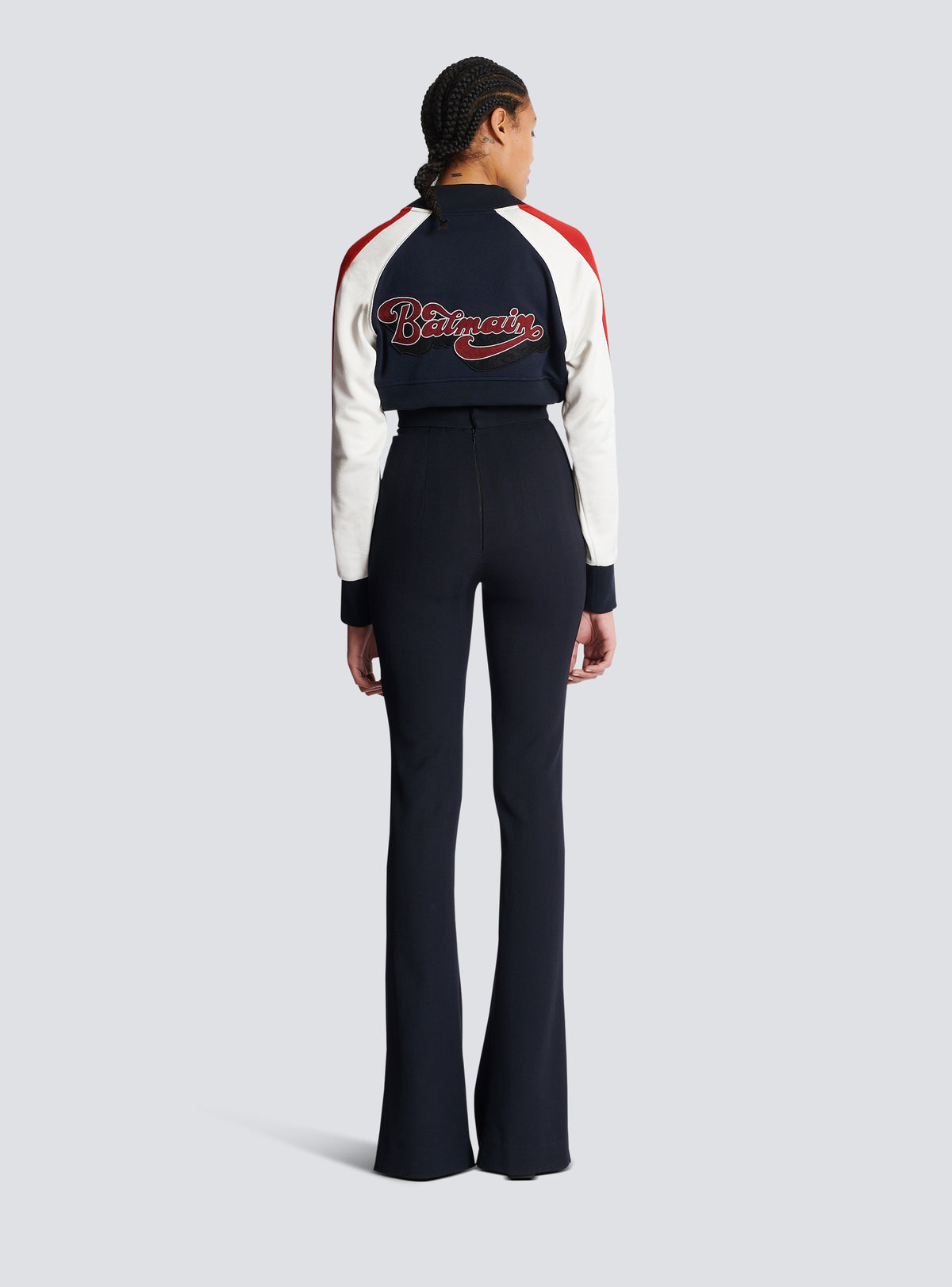 Pantalon taille haute en tweed à chevrons - Bleu Marine Foncé