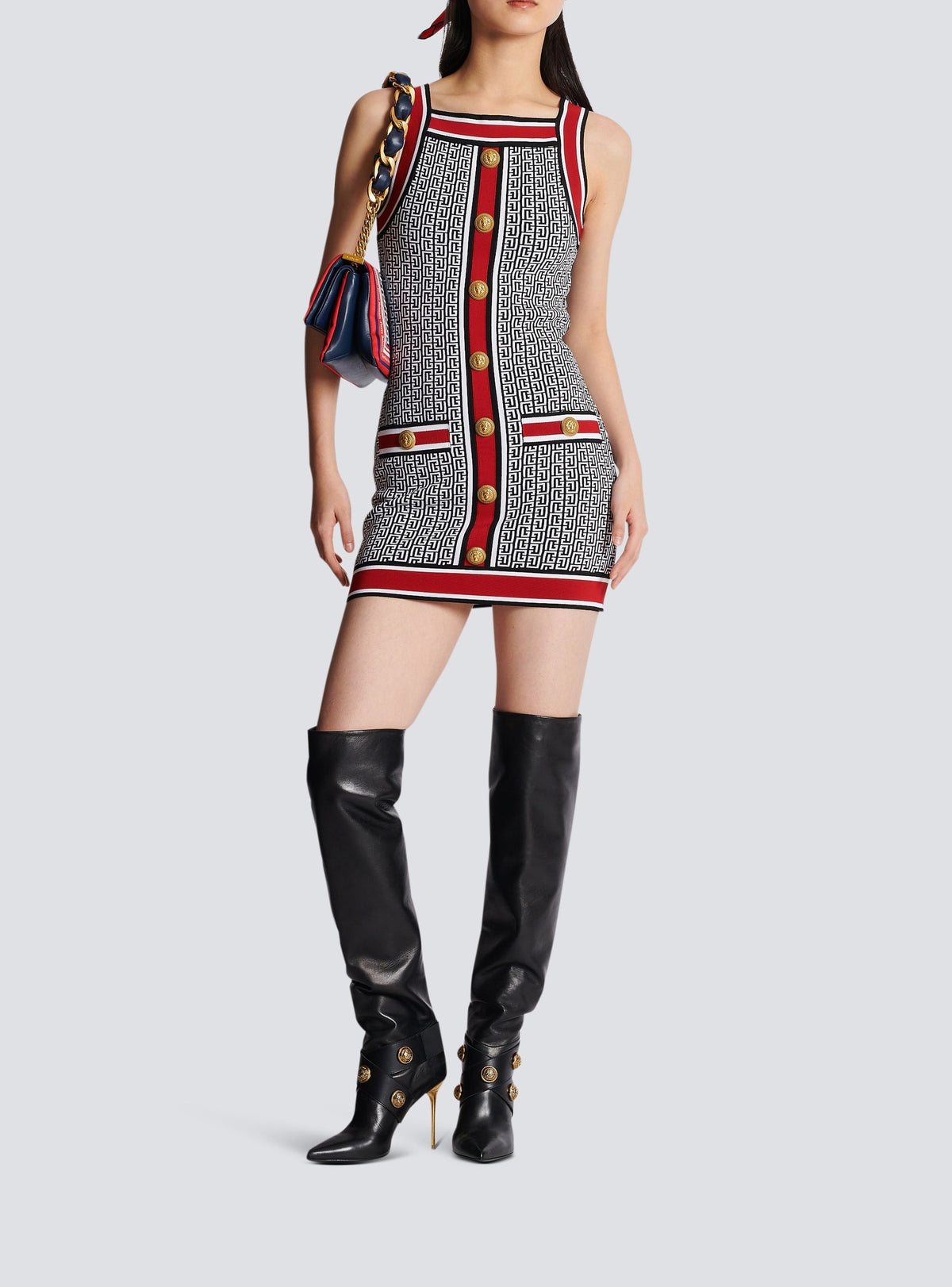 Robe courte en maille monogramme - Noir & Blanc & Rouge