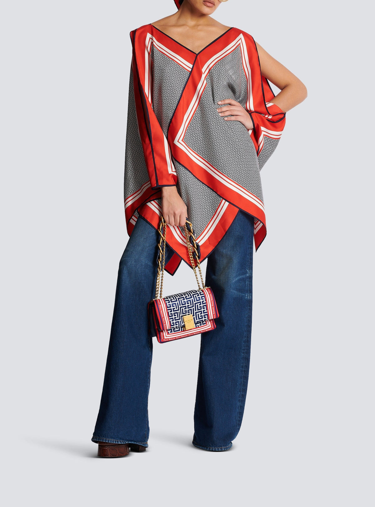 Short asymmetric silk scarf dress - Navy & Red & White
