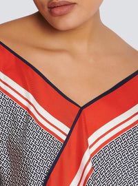 Short asymmetric silk scarf dress - Navy & Red & White