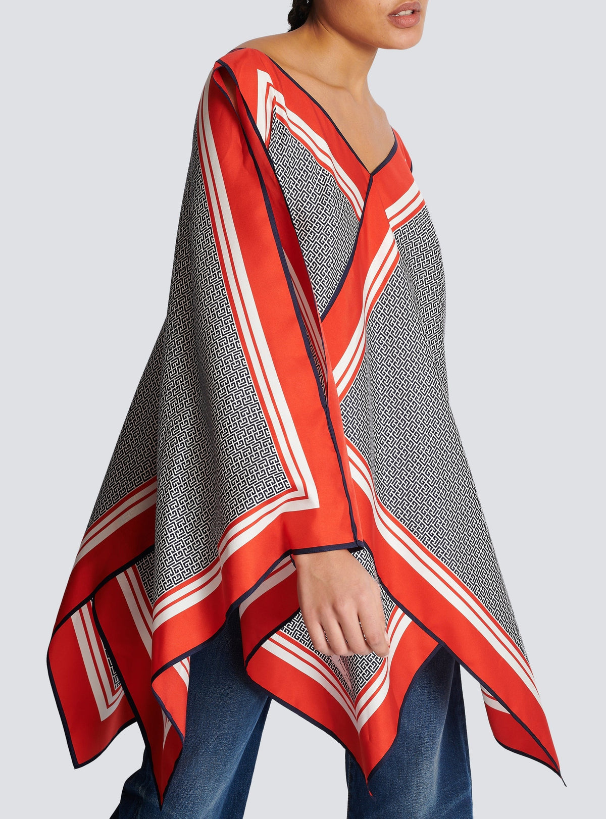 Short asymmetric silk scarf dress - Navy & Red & White