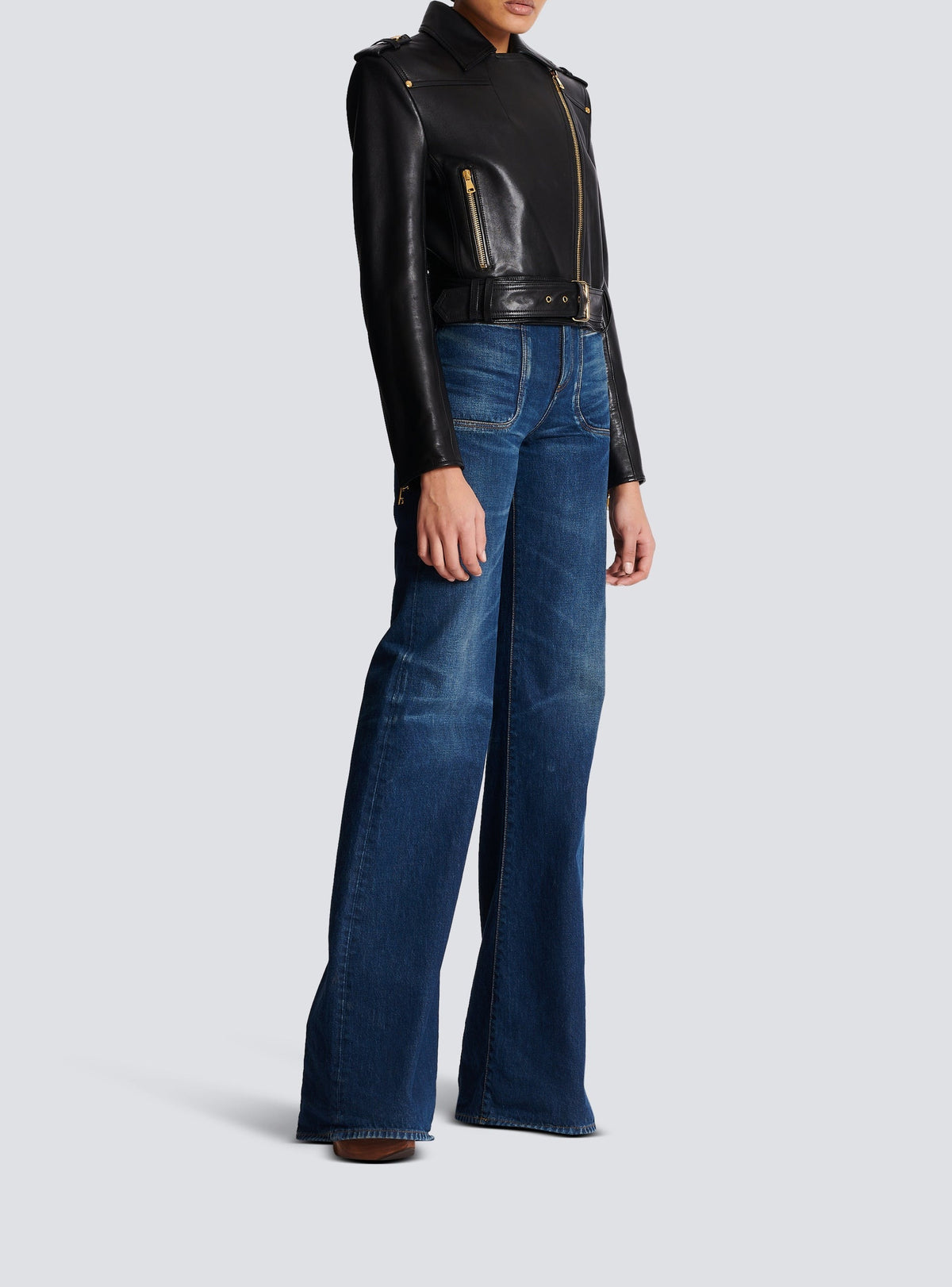 Veste courte à ceinture en cuir - Noir