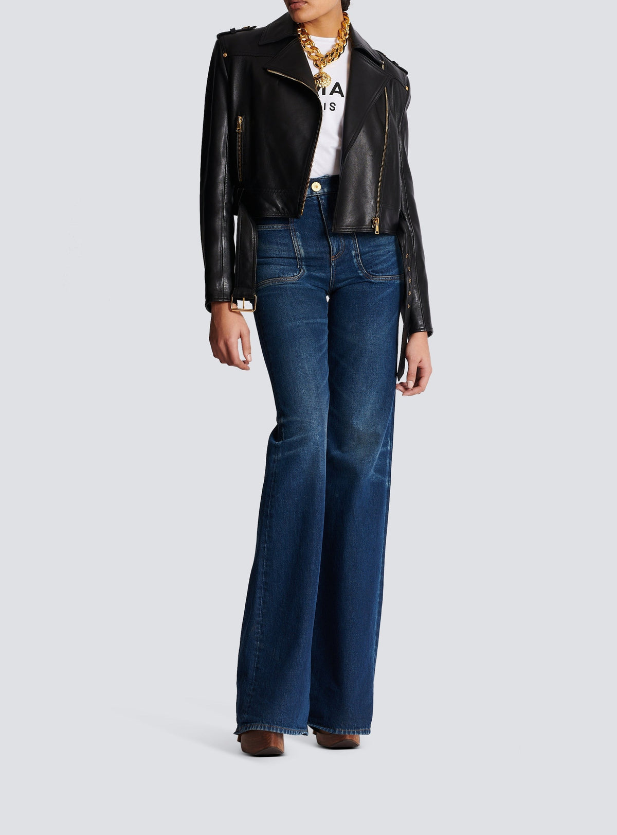 Veste courte à ceinture en cuir - Noir
