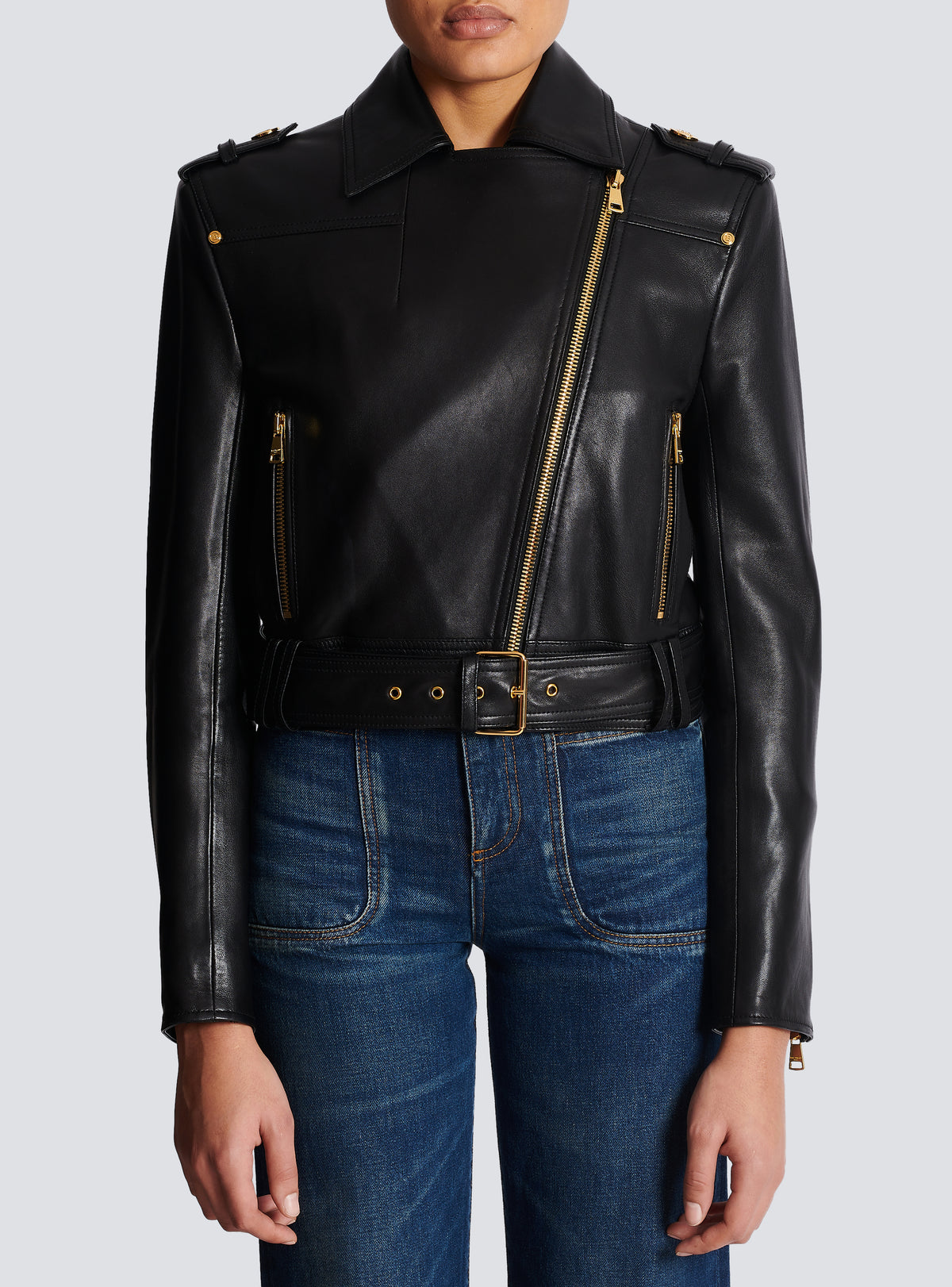 Veste en cuir ceinture courte - Noir