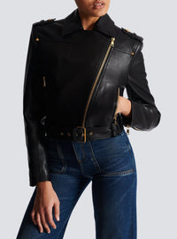 Veste courte à ceinture en cuir - Noir