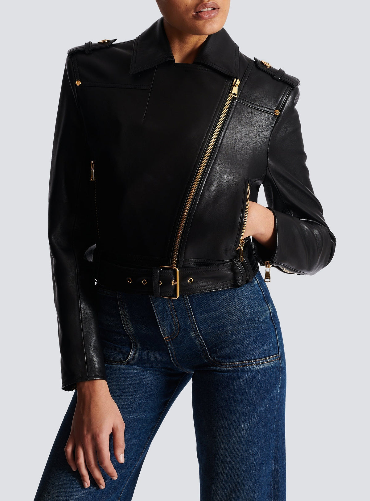 Veste courte à ceinture en cuir - Noir