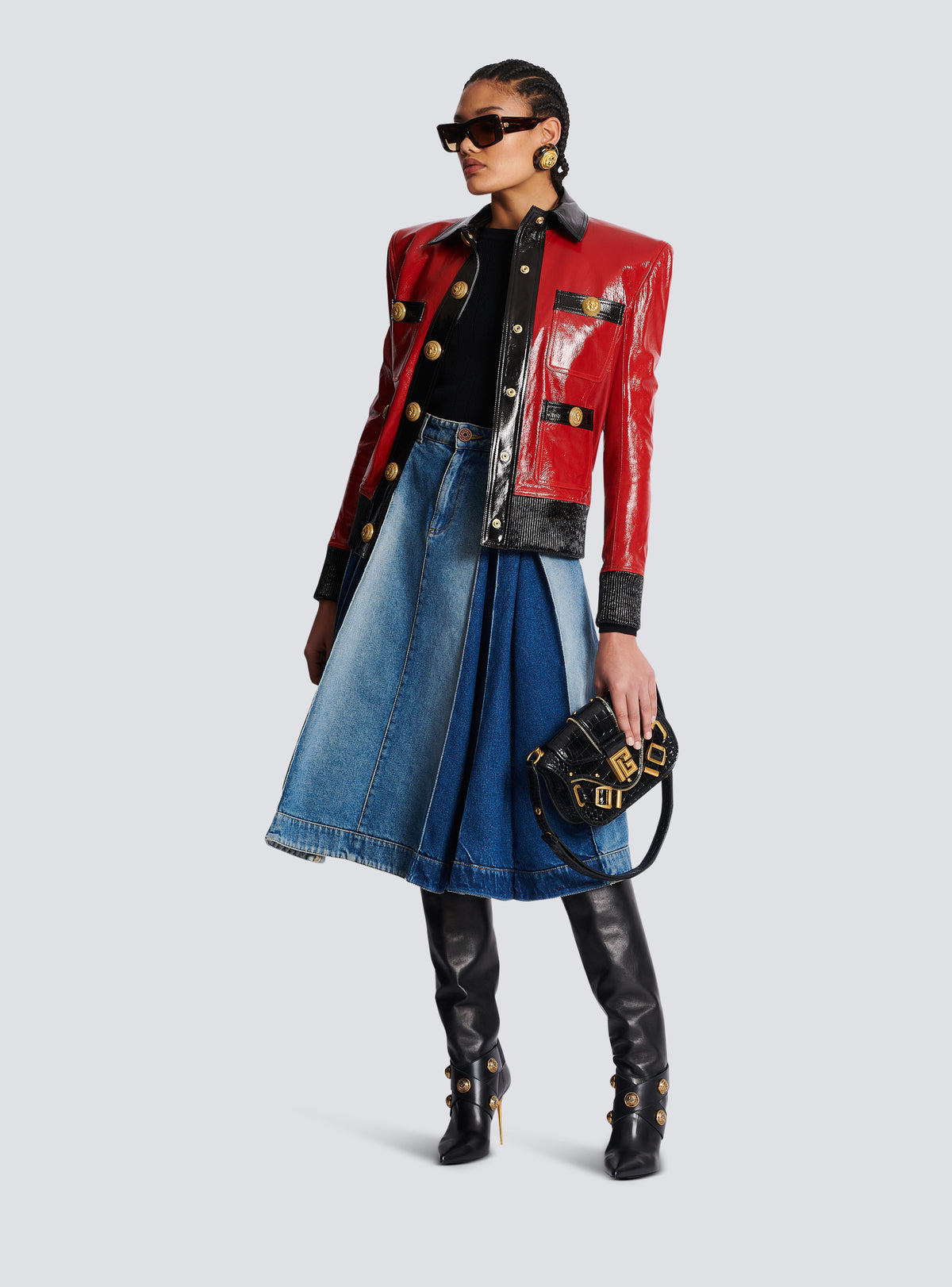 Veste en cuir verni bicolore - Rouge & Noir