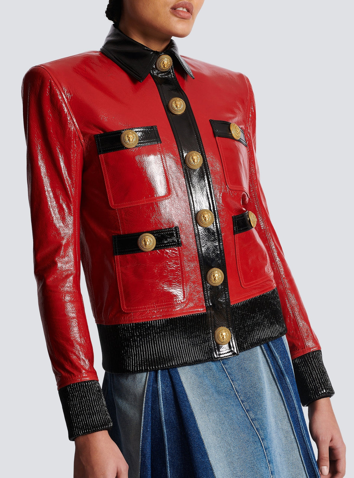 Veste en cuir verni - Rouge & Noir