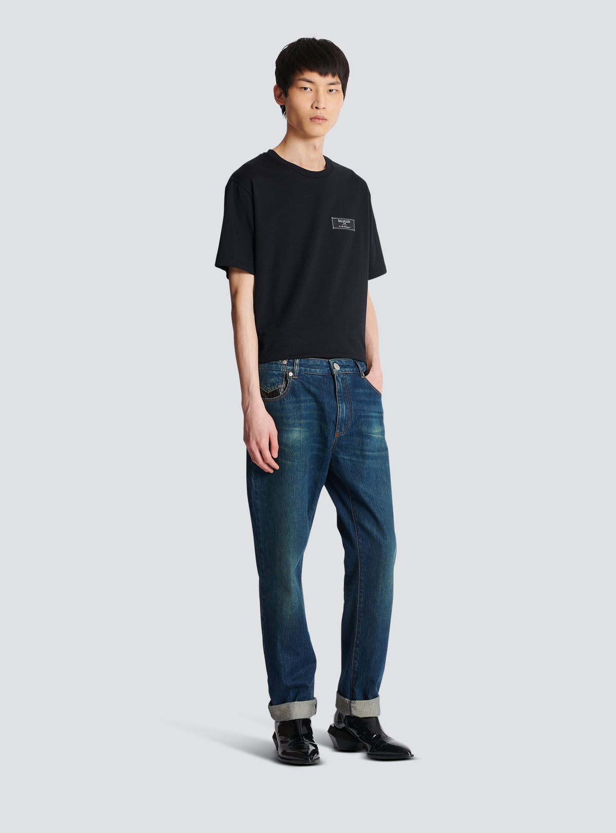 Jean droit avec poches en cuir - Bleu Jean Brut & Noir