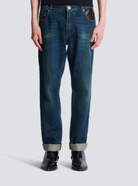 Jean droit avec poches en cuir - Bleu Jean Brut & Noir