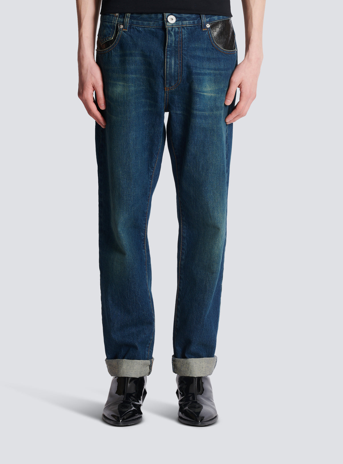Jean droit avec poches en cuir - Bleu Jean Brut & Noir