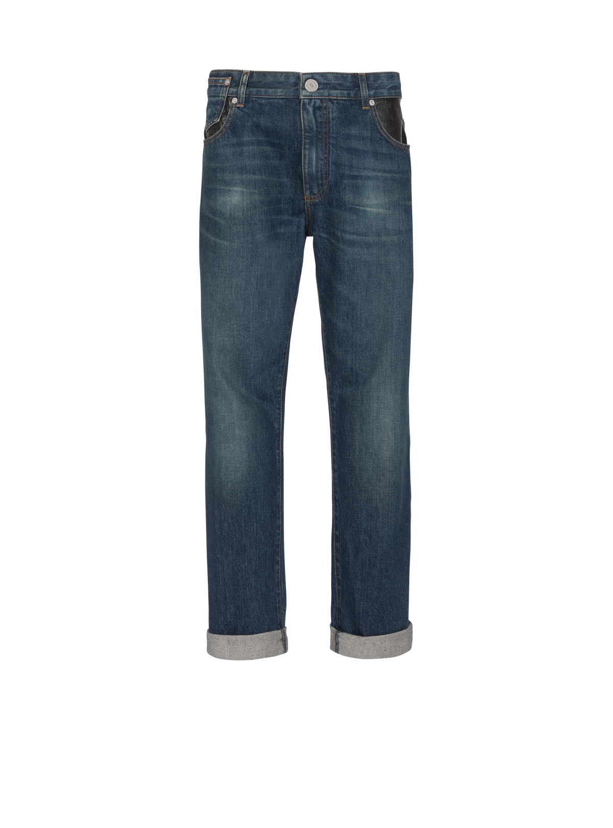 Jean droit avec poches en cuir - Bleu Jean Brut & Noir