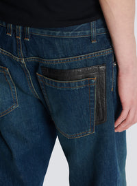 Jean droit avec poches en cuir - Bleu Jean Brut & Noir