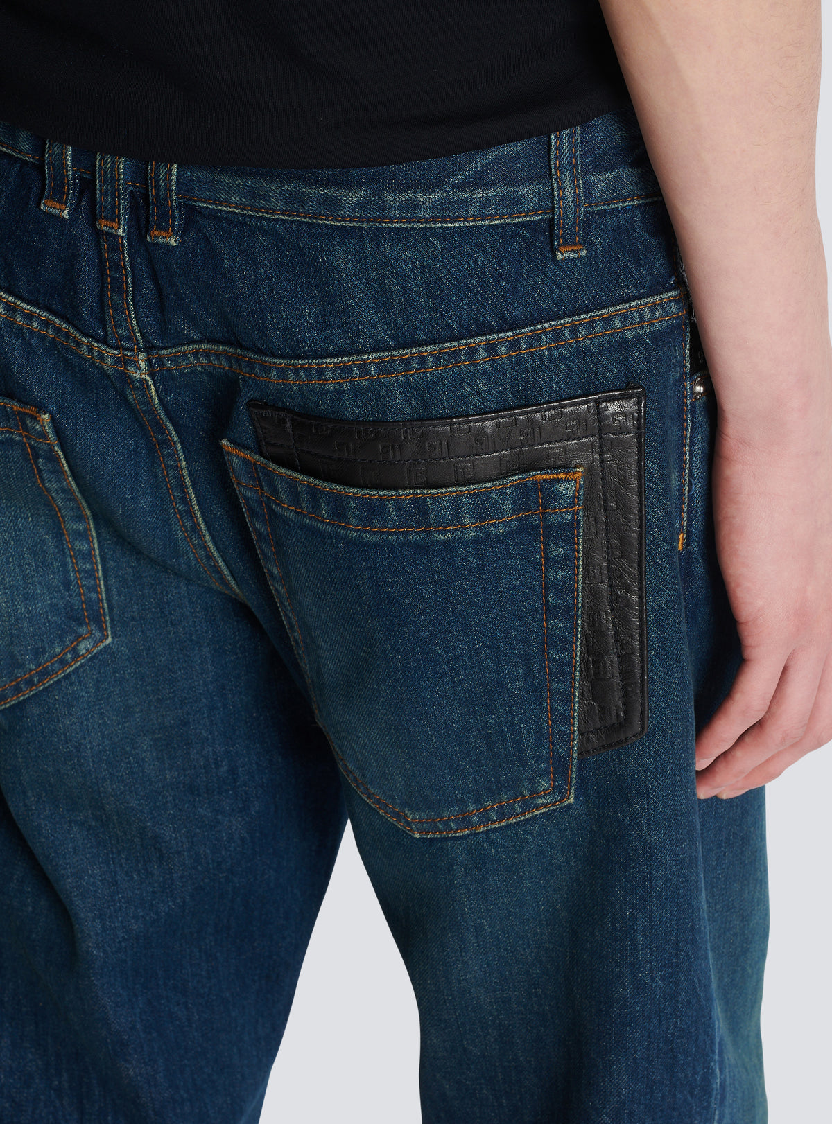 Jean droit avec poches en cuir - Bleu Jean Brut & Noir