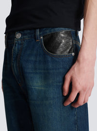 Jean droit avec poches en cuir - Bleu Jean Brut & Noir