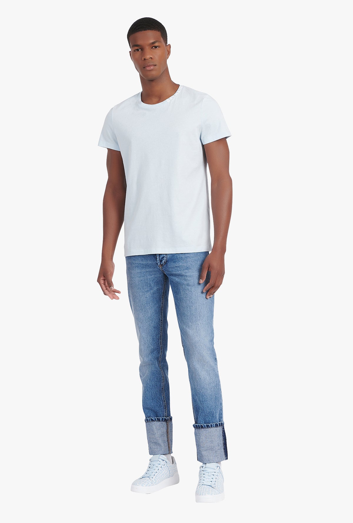 T-shirt balmain brodé - Bleu Pâle & Blanc