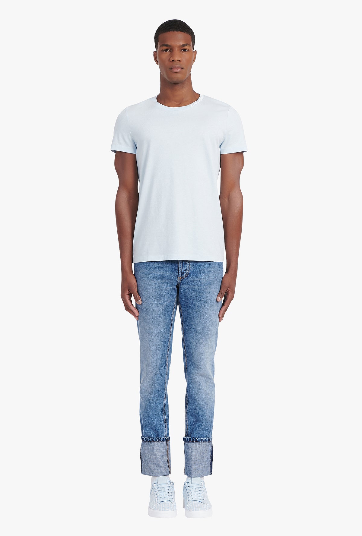 T-shirt balmain brodé - Bleu Pâle & Blanc