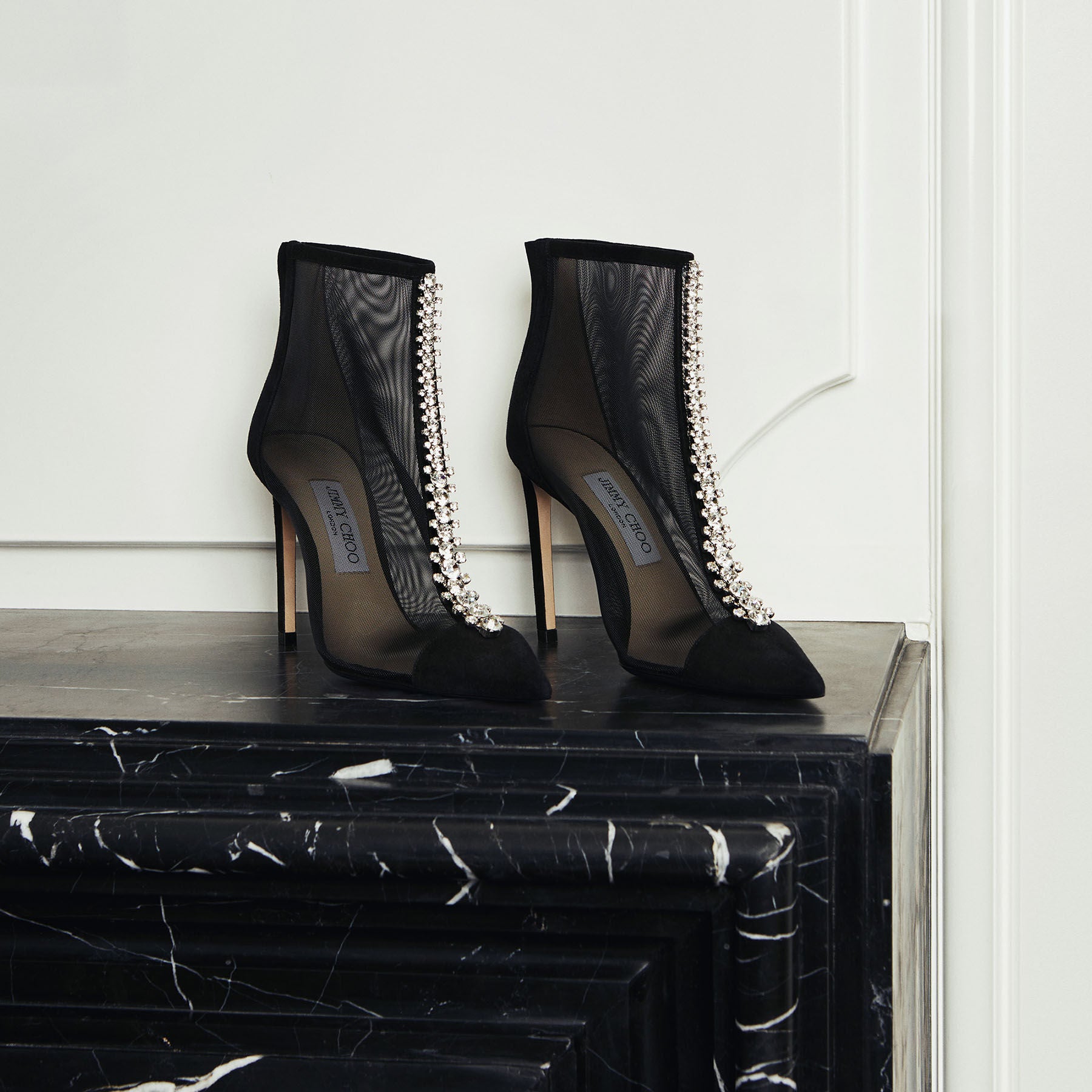 Bing 100 suede and fishnet crystal ankle boots - Black & Crystal