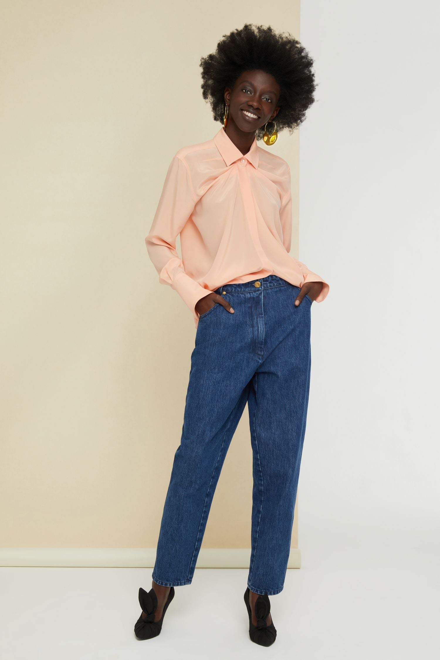 Blouse drapée en soie - Corail