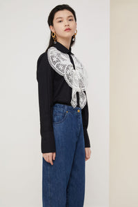 Chemise à plastron en dentelle - Noir