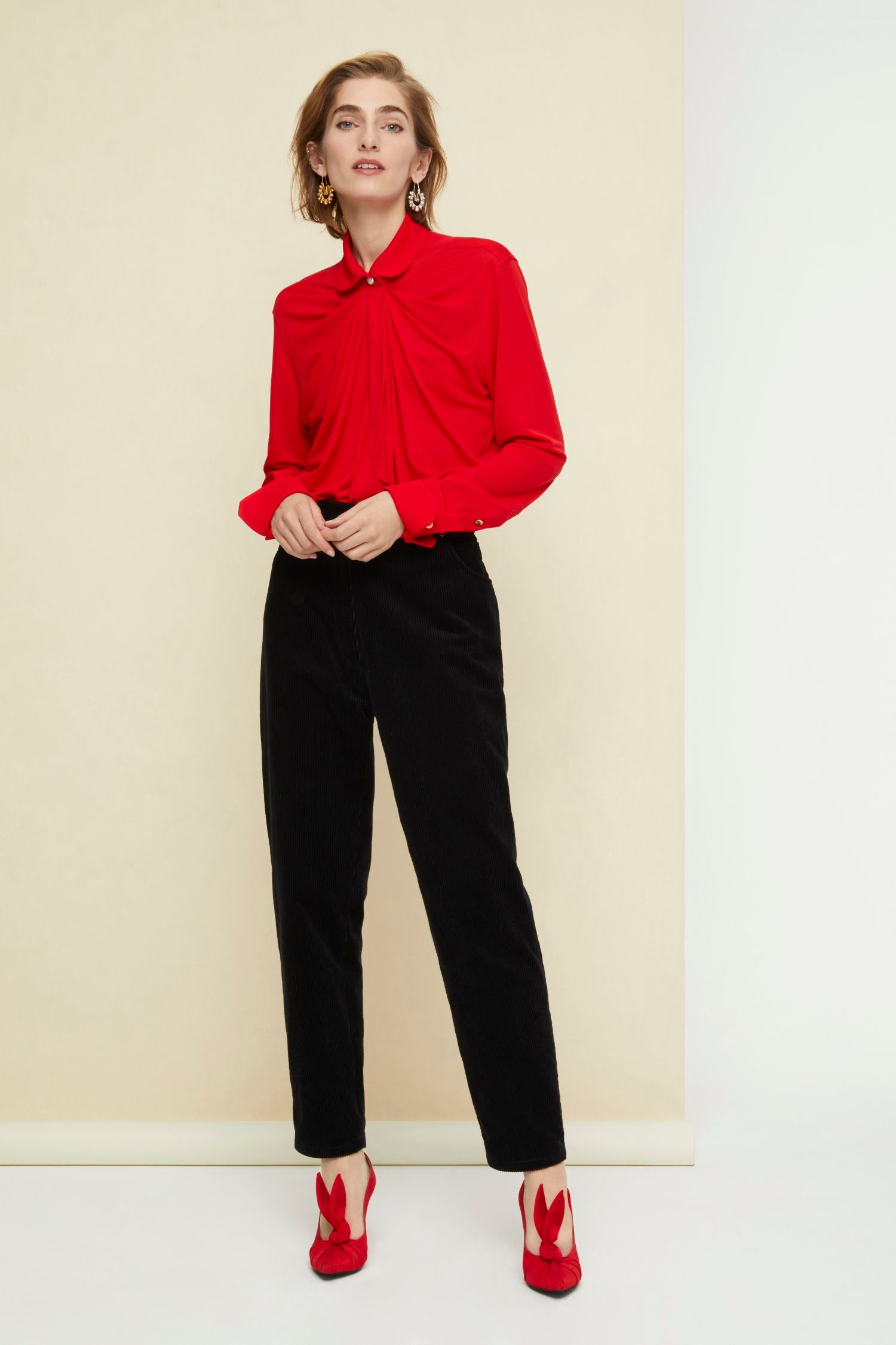 Blouse en jersey à col claudine - Rouge