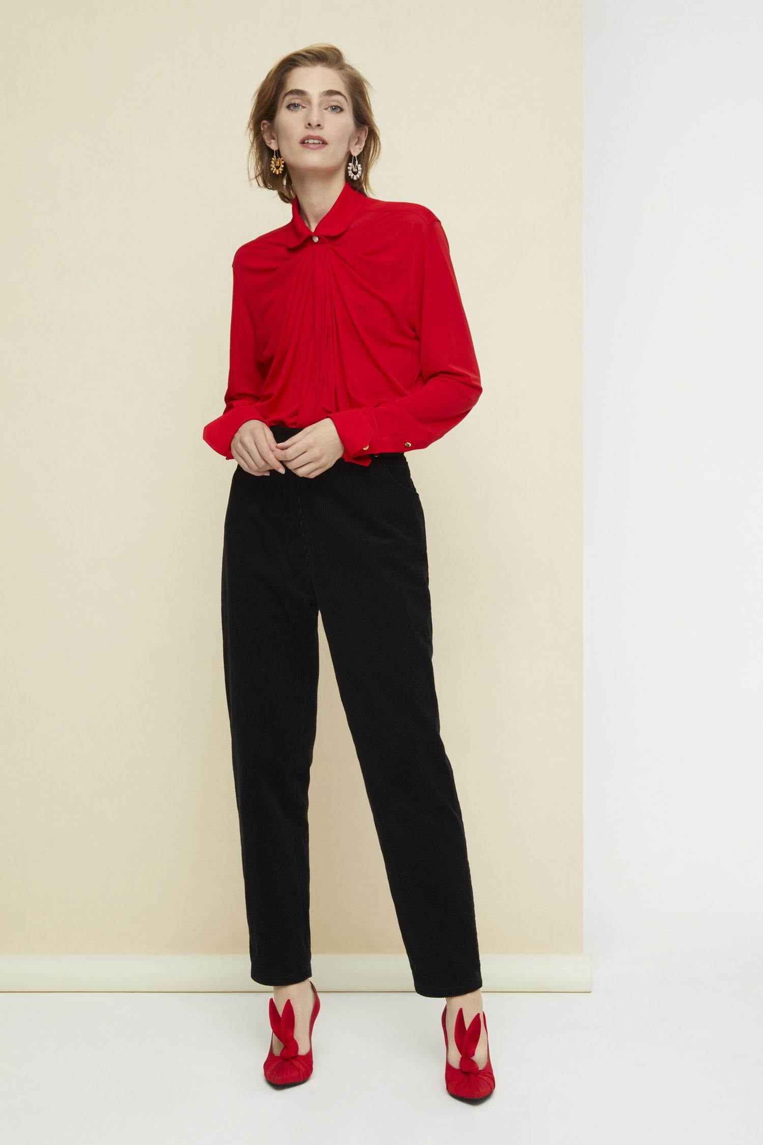 Blouse en jersey à col claudine - Rouge