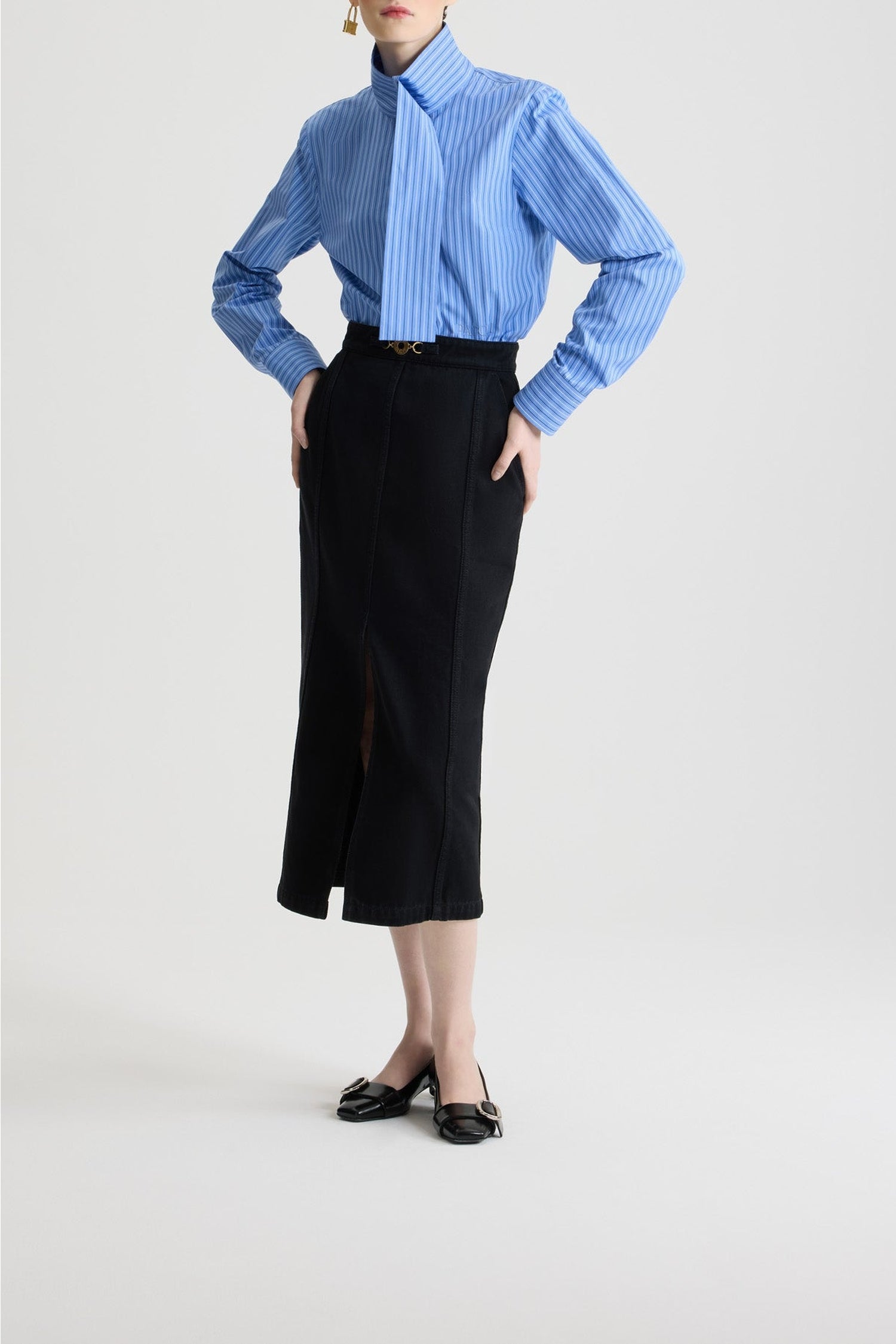 Blouse à col foulard en popeline de coton - Bleu Glacier