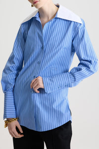 Wide-neck blouse in cotton poplin - Glacier blue
