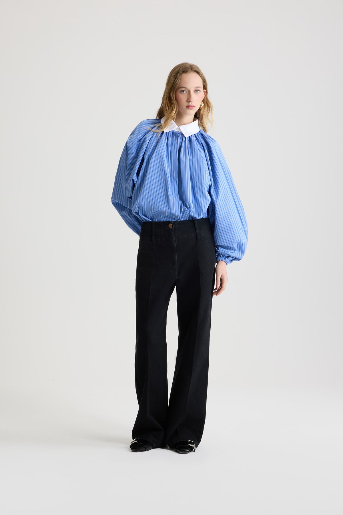 Ice Blue Stripes / Blouse bouffante en popeline de coton bio imprimée