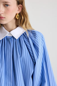 Ice Blue Stripes / Blouse bouffante en popeline de coton bio imprimée