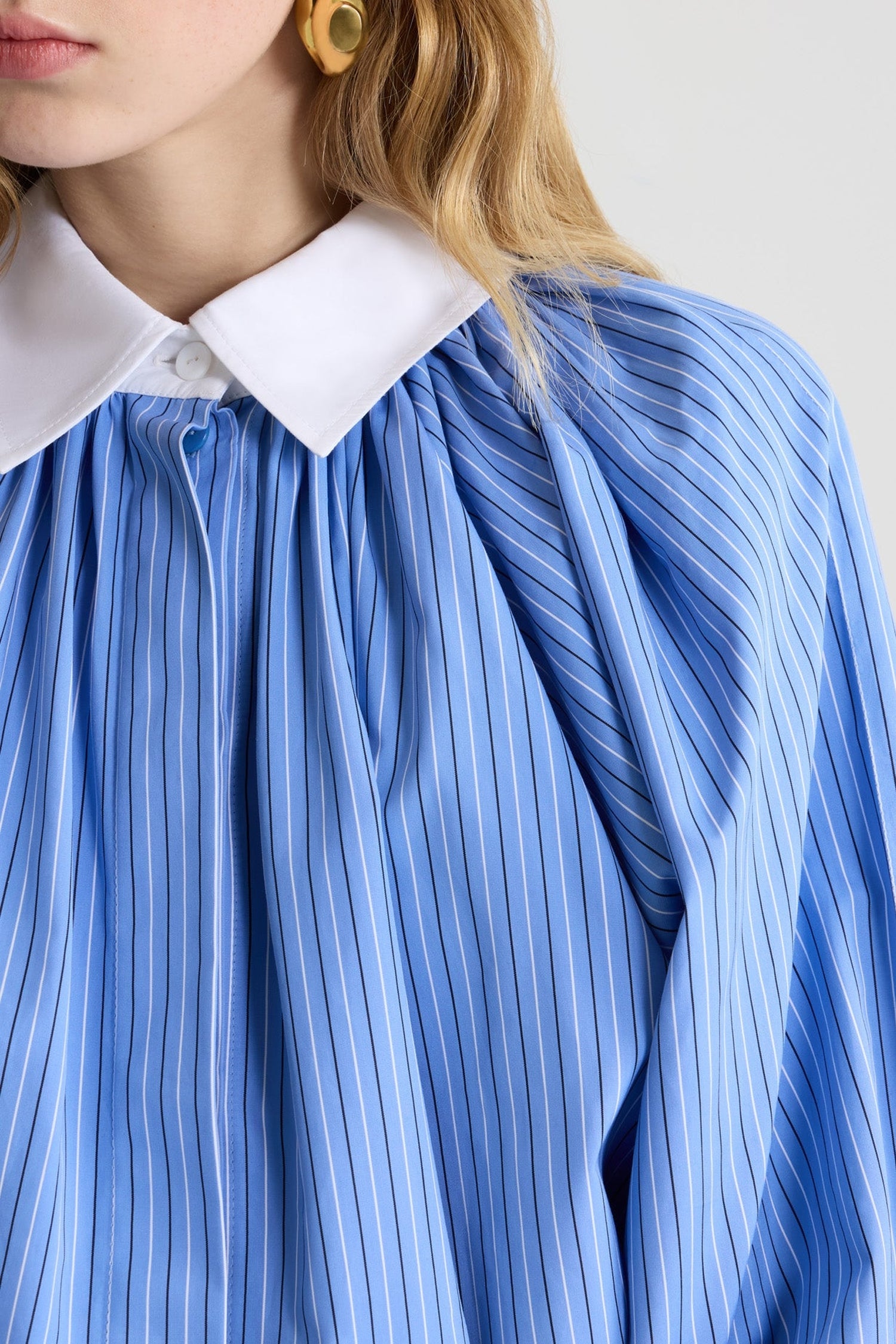 Blouse bouffante en popeline de coton - Bleu Glacier
