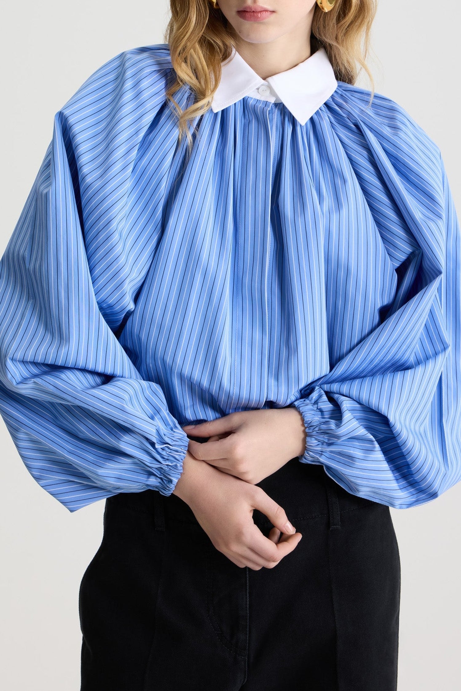 Blouse bouffante en popeline de coton - Bleu Glacier