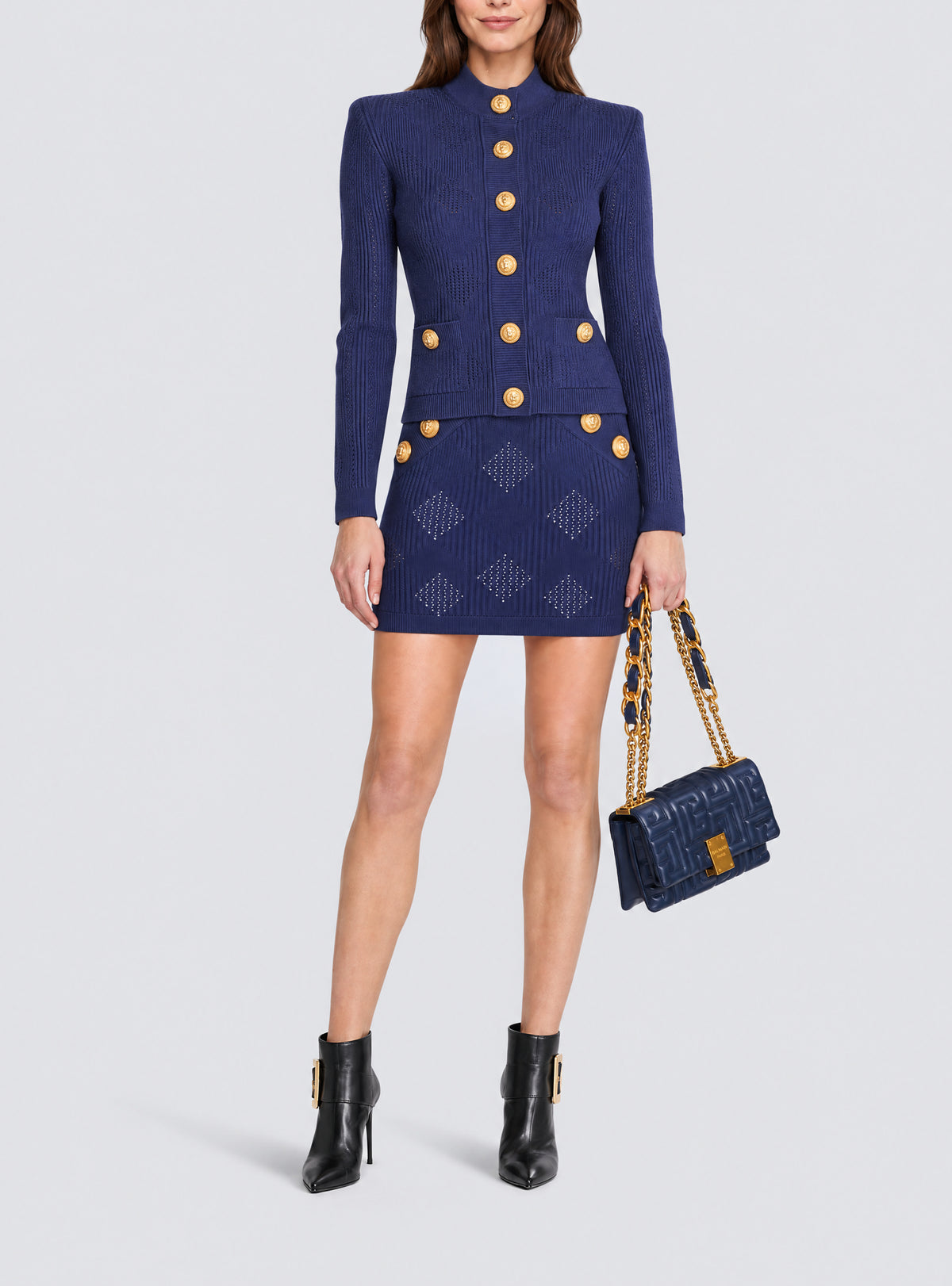 Cardigan en maille ajourée vichy - Bleu Nuit