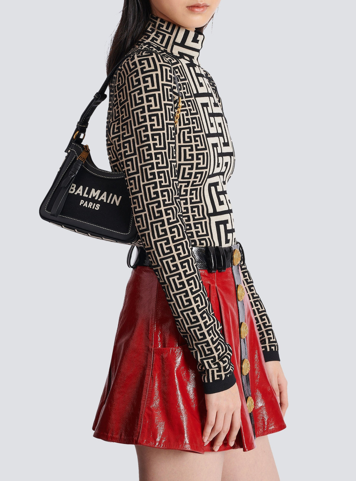 Sac à main B-Army en toile monogramme et cuir lisse - Ivoire & Noir