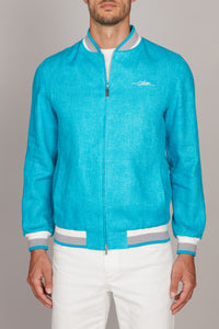 Blouson aviateur à bord-côte rayé en lin - Bleu & Blanc